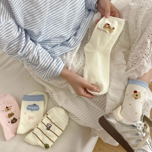 Chaussettes Mi-Mollet En Coton Pour Femmes Motif Dessin Animé Ours Chien Broderie Style Japonais Doux À Pois