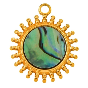 304 stainless steel sun pendant necklace with natural abalone shell inlay in gold finish