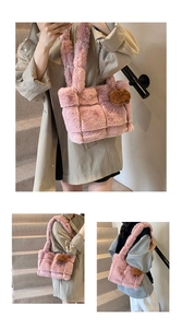 Detail of pink plush shoulder bag with cute brown bear charm worn on shoulder