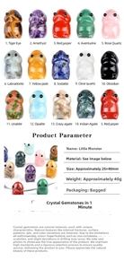 Macro display of assorted natural gemstone monster carvings with material specifications