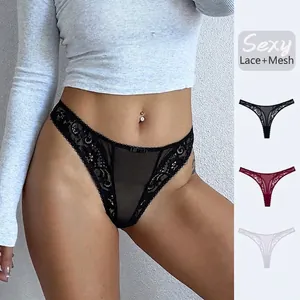 Damen Sexy Spitzen Mesh Thong G-String Slip Niedrige Taille Atmungsaktiv Nylon Unterwäsche Mit Schleife Baumwolle Zwickel