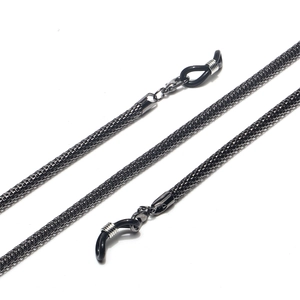 Macro detail of a 4mm black metal mesh eyewear chain with non-slip rubber loops