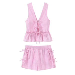 Striped Women Sleeveless V Neck Peplum Top And Bow Decor Shorts Pink White Casual Streetwear Summer Outfit