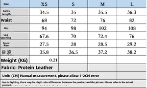 Tableau détaillé des tailles pour jupe-short plissée en simili cuir allant du XS au L