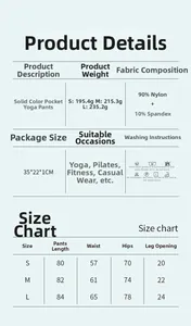 Detailed size chart and material guide for high-waisted solid color yoga leggings