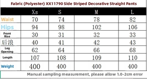 Size chart detail for side striped straight pants showing XS to L measurements