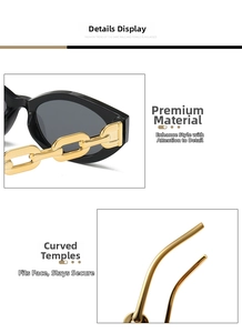 Detail of glossy black sunglasses frame and golden chain-link textured temples
