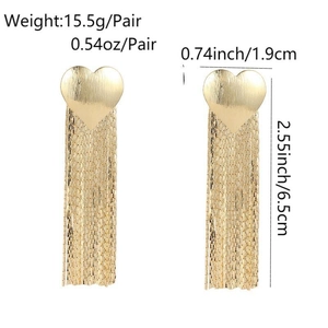 Detail view of gold heart tassel earrings showing 6.5cm length and 15.5g weight metrics