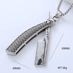 Detail view of retro silver razor pendant necklace with 69MM length and 49MM width specs