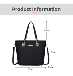 Detail view of black lychee leather tote bag showing exact product dimensions and hardware