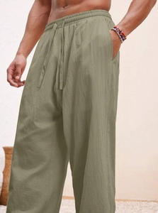 Pantaloni casual in lino verde oliva con coulisse in vita e taglio a gamba dritta