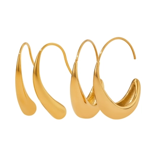Modern gold C-shaped hoop earrings with a high-polish minimalist teardrop metal design