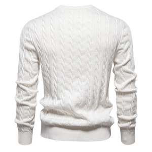 Macro detail of high-quality white cable knit texture on men's winter crewneck sweater