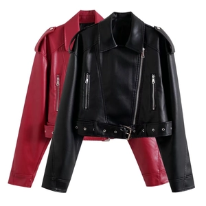 Detailed view of black and red faux leather biker jackets with metal studs and belt