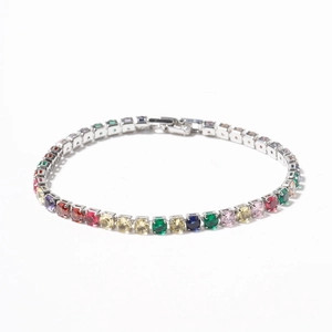 Silver-colored tennis bracelet with vibrant multicolor round-cut gemstones on white background