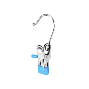 Stainless steel laundry hook clip with blue non-slip coating on white background