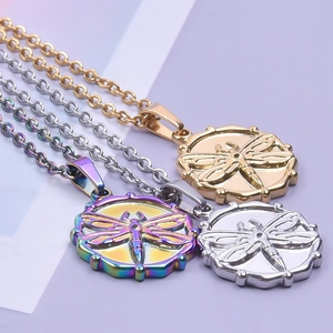 Three minimalist stainless steel dragonfly pendant necklaces in gold silver and rainbow colors