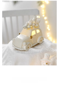 Miniature white ceramic Christmas car ornament with LED glowing tree and gold details