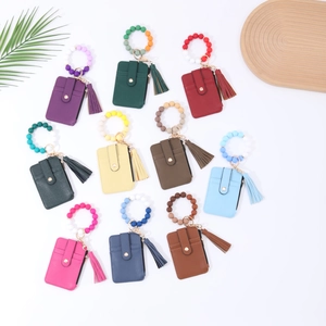 Leather card holder keychain set with colorful silicone beads and stylish tassels