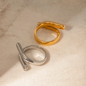 18k gold and silver stainless steel crisscross open rings with sparkling cubic zirconia