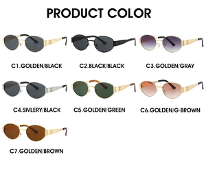 Detail view of oval metal frame sunglasses in seven assorted lens and frame colors