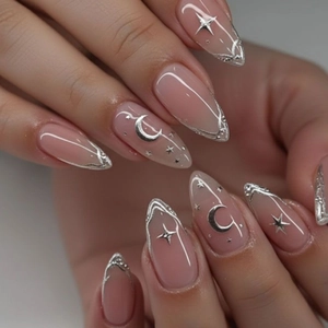 3D Silver Star Moon Press On Nails French Almond Shape Nude Pink Metallic Wave Artificial Fingernails For Women