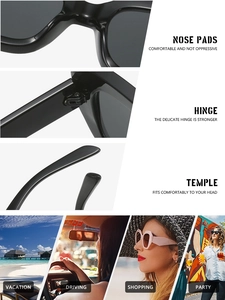 Detail of nose pads, hinges, and black frames with lifestyle usage scenarios