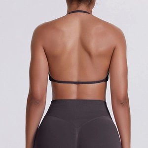 Detail of cross-back strap design on dark brown seamless high-elastic sports yoga bra