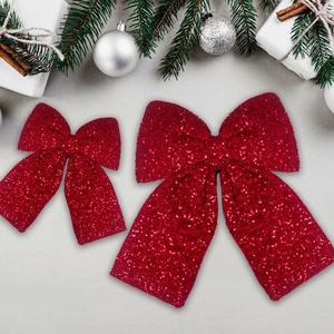 Red sequin Christmas bow hanging decorations in two sizes for festive holiday styling