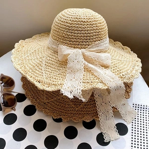 Cappello Da Sole In Paglia A Tesa Larga Da Donna Con Fiocco In Nastro Di Pizzo Retrò Francese Mare