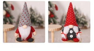 Detail showing two plush Christmas gnomes with heart patterns and soft knitted textures