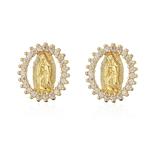 18K gold plated Our Lady of Guadalupe earrings with oval halo zircon stones