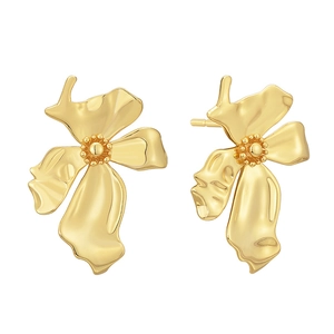 Minimalist gold plated brass flower earrings with irregular concave texture on white