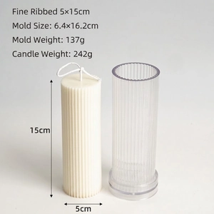 Detailed view of cylindrical ribbed candle mold with dimensions and finished wax product