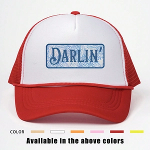 Detail view of DARLIN' trucker hat showing breathable mesh and multiple color swatches