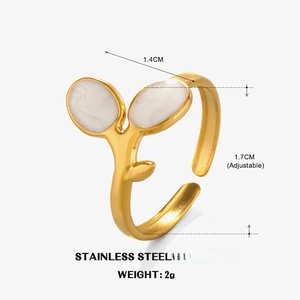18K gold plated stainless steel adjustable leaf ring with white enamel drip oil finish
