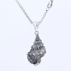 Vintage stainless steel conch shell pendant necklace with antique silver biker style finish
