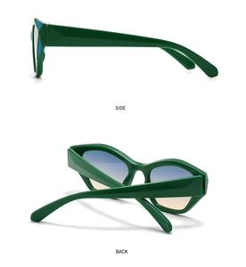 Side and back view of cat eye sunglasses with green frames and gradient lenses