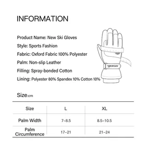 Winter thermal ski gloves with waterproof shell and anti-slip palm size chart guide