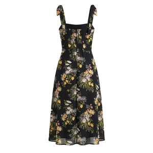 Schwarzes Midi-Blumenkleid mit Zitronenprint, Bindeträgern und gesmoktem Rückenteil