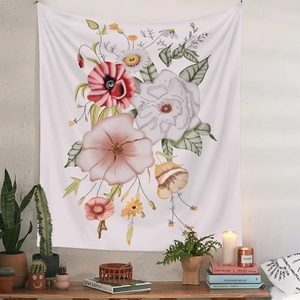 Detailed view of floral tapestry wall hanging with watercolor flowers for room decoration