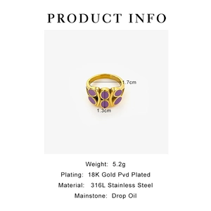 Detailed dimensions and product info for a 18K gold plated stainless steel purple ring