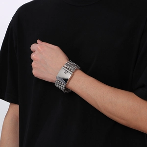 Mens broad stainless steel fish scale bracelet with silver mesh chain and polished clasp