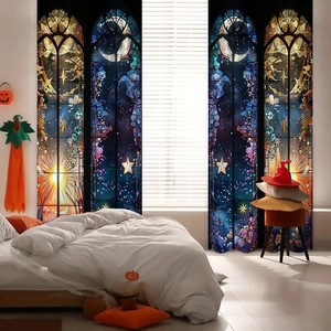 Celestial gothic stained glass window curtains with moon and star pattern for bedroom