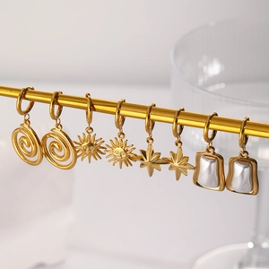 French vintage 18k gold plated sun and star hoop earrings with pearls for women