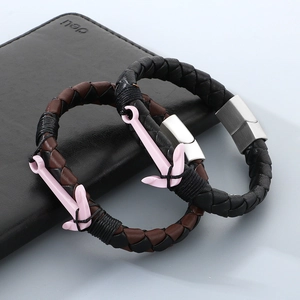 Braided leather bracelets with pink anchor charm and brushed metal magnetic clasp