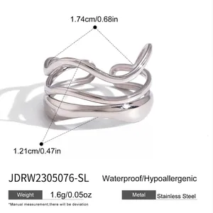 Macro shot showing layered wave pattern and dimensions of stainless steel ring