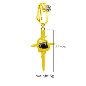Golden cross navel clip with black square stone and white crystals, 33mm length