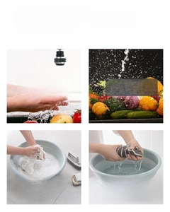 Collapsible washbasin showing versatile uses for washing vegetables, fruit, and clothes