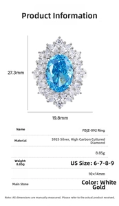 Detailed S925 silver ring specifications featuring a 10x14mm blue gemstone and dimensions